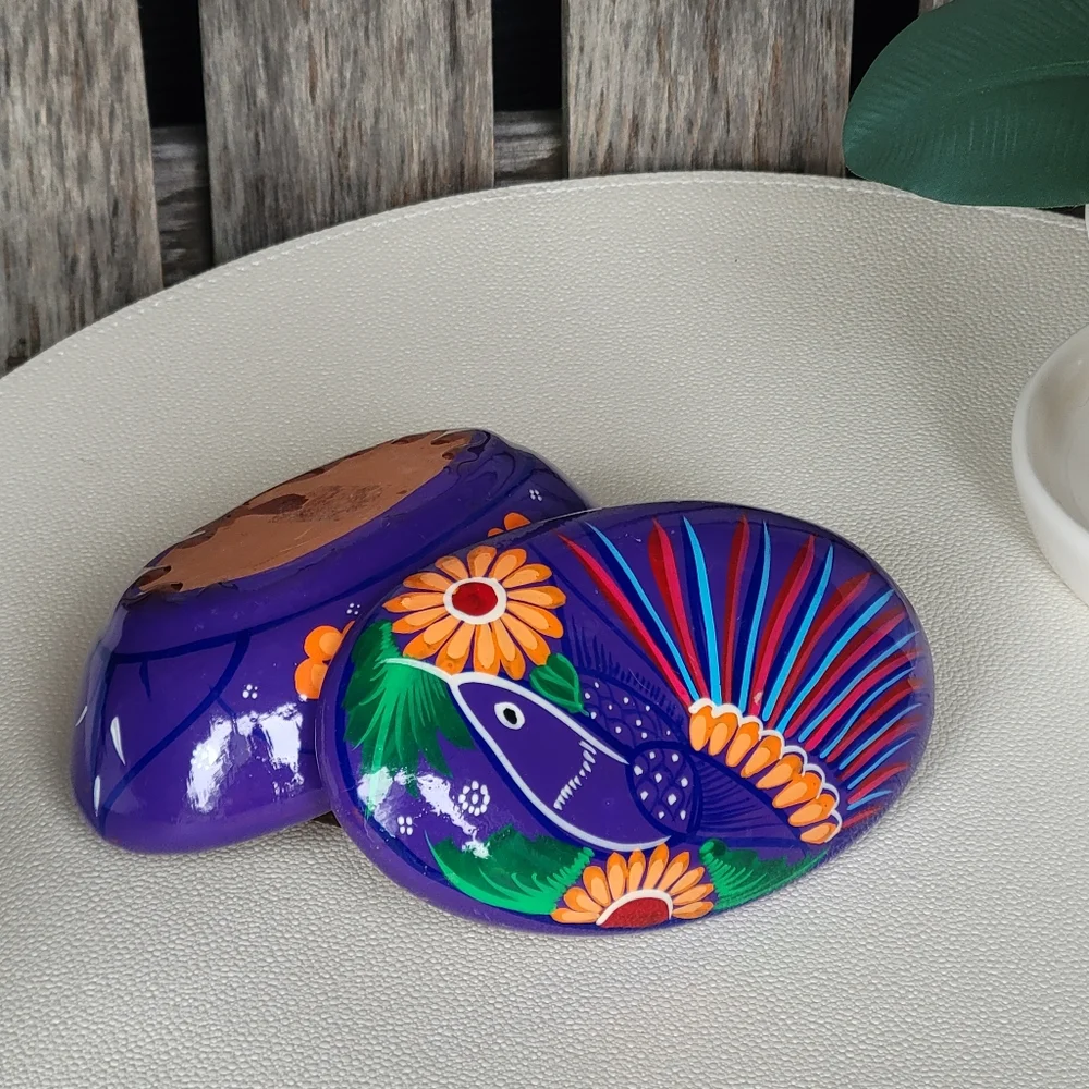 Mexican Folk Art Hand-Painted Oval Trinket Box Purple Bird